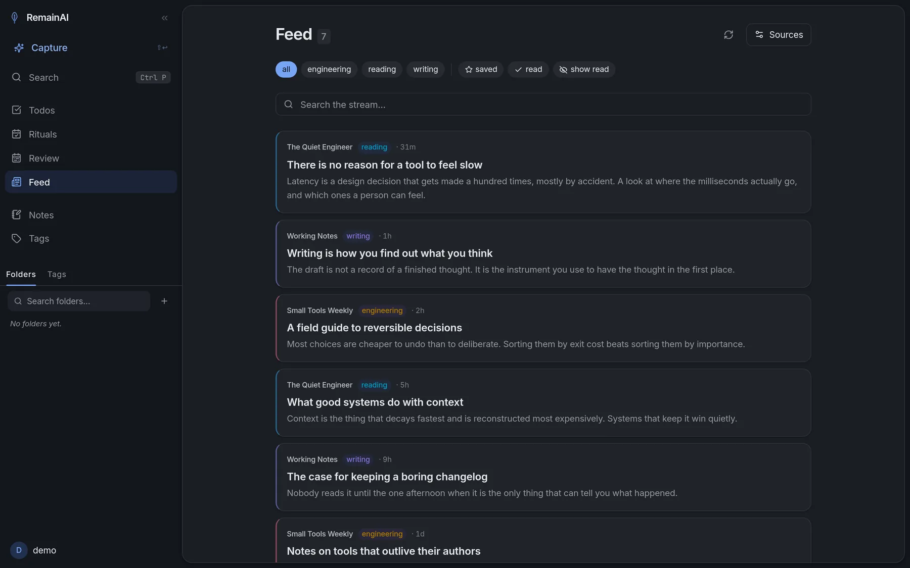 The feed, showing saved articles from three sources with tags and summaries.