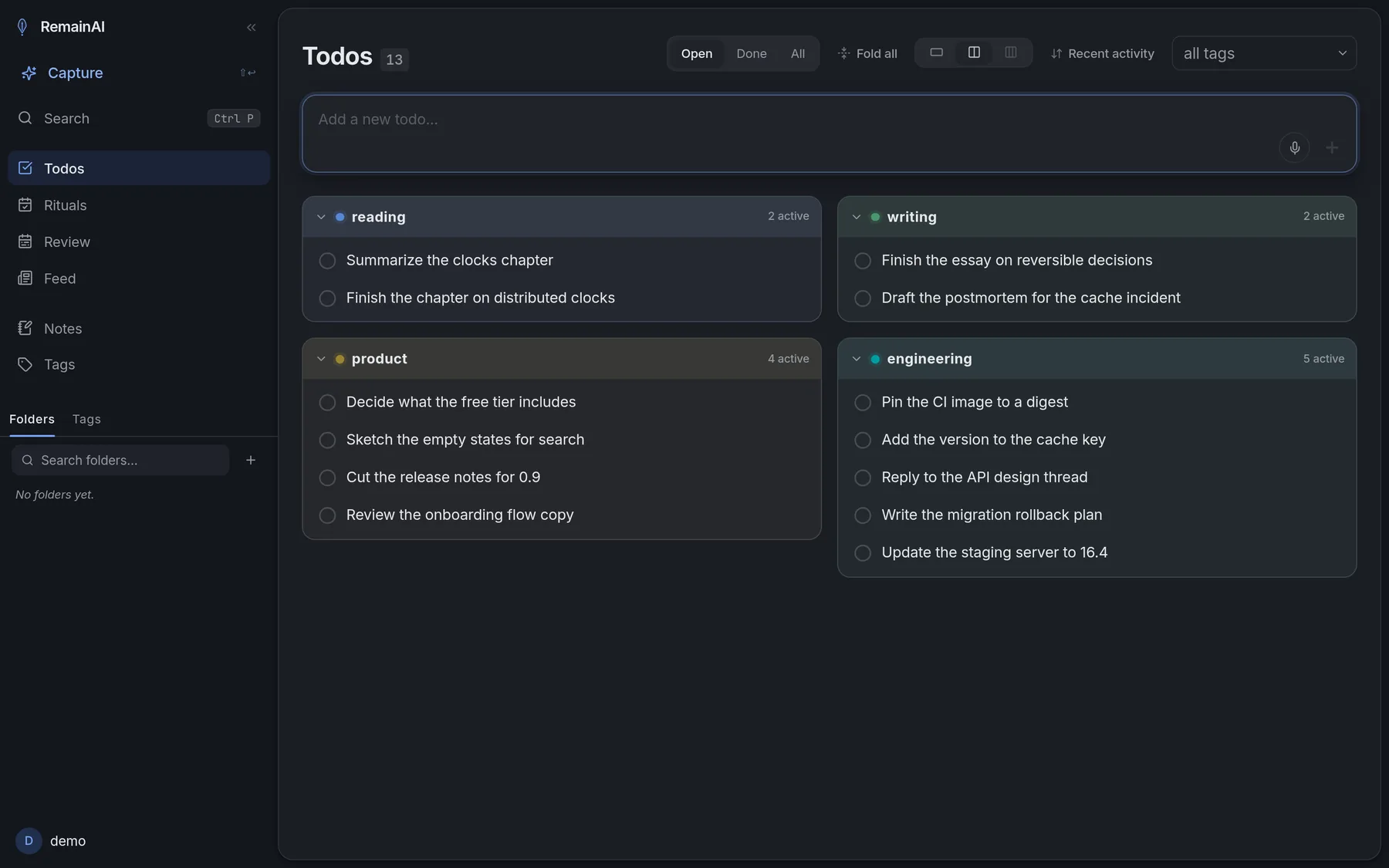 The todos screen, with tasks grouped into engineering, product, writing and reading.