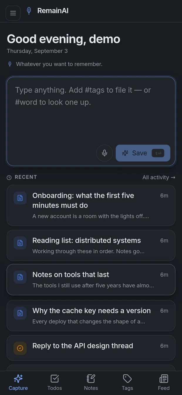 RemainAI on a phone, showing the capture box and recent items.