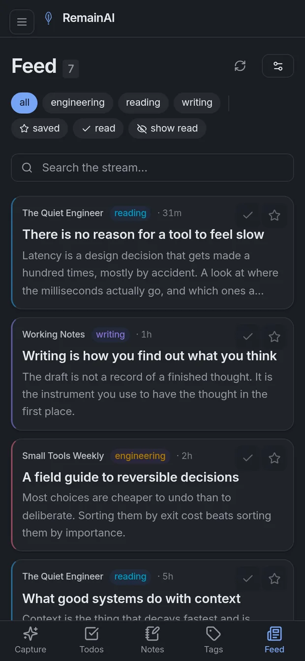 The feed on a phone, showing saved articles.